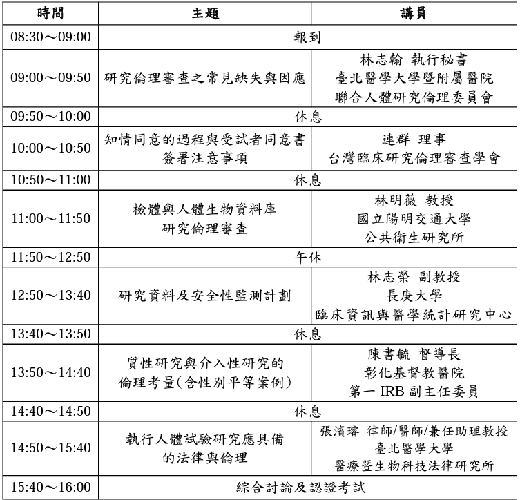 人體試驗研究倫理講習班  時間：112年2月11日（星期六）08:30～16:00