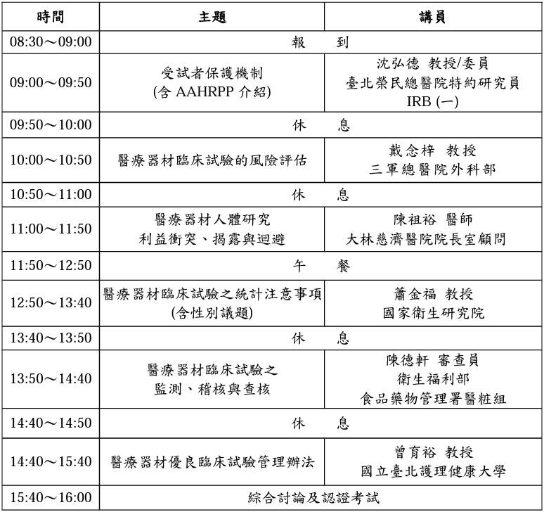 人體試驗研究倫理講習班~醫療器材  時間：112年2月18日（星期六）08:30～16:00