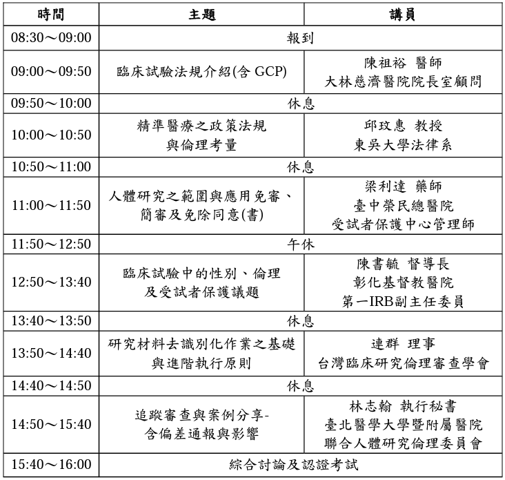 人體試驗研究倫理講習班議程