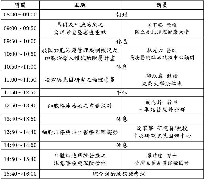 人體試驗研究倫理講習班~基因與細胞治療議程