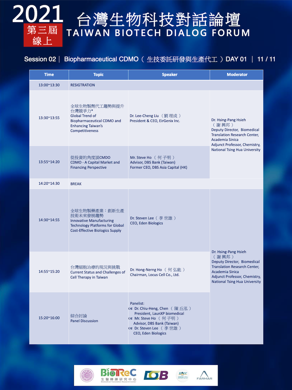 2021台灣生物科技對話論壇議程，下午13:30開始，16:00結束