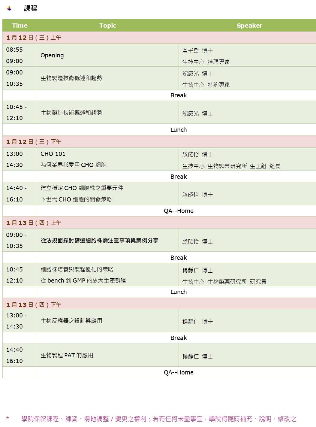 課程1/12上午8:55開始，16:10結束；1/13 9:00開始，16:10結束