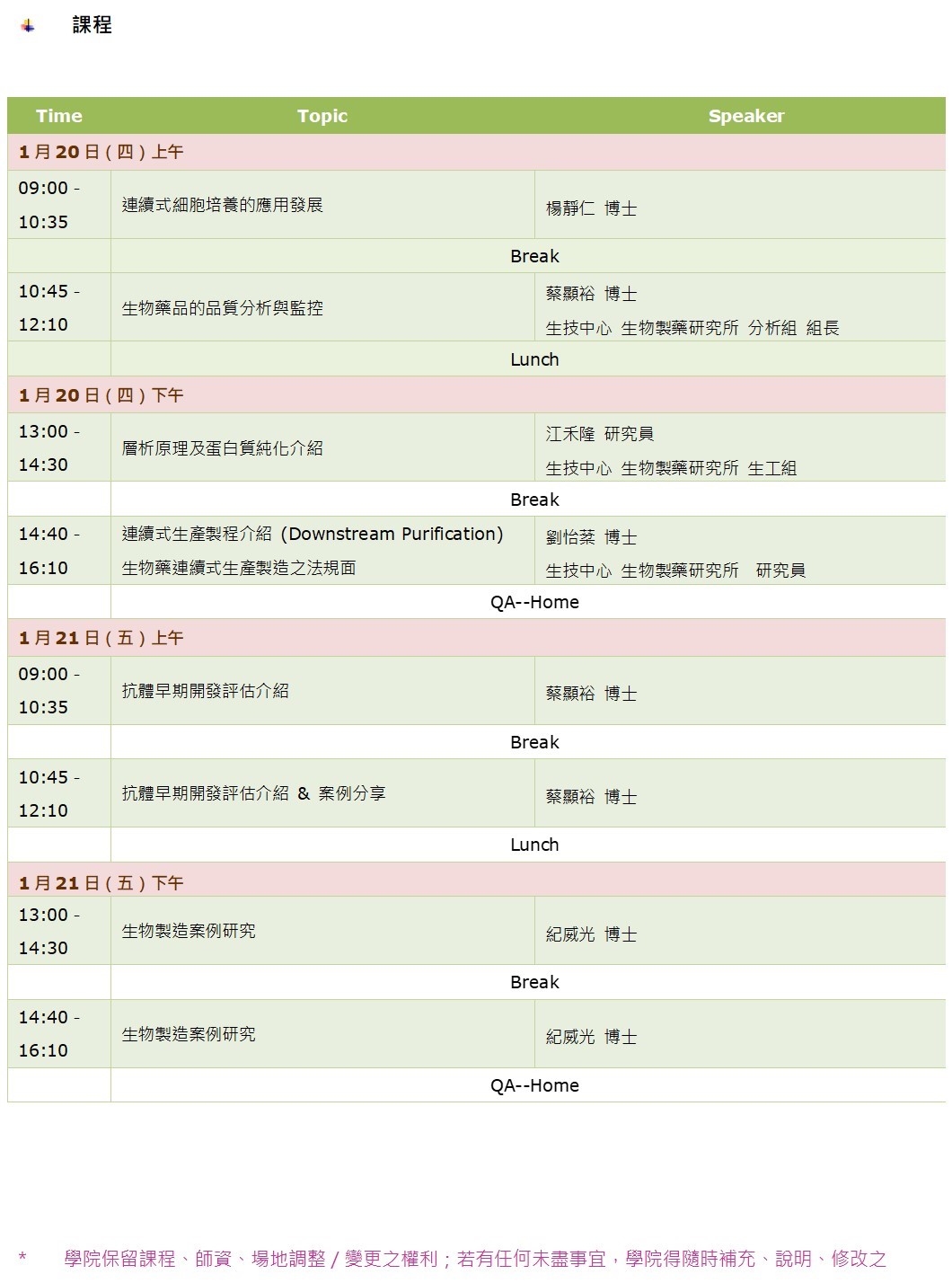 課程1/20上午9:00開始，16:10結束；1/21 9:00開始，16:10結束