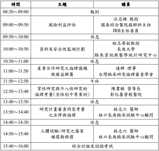 人體試驗研究倫理講習班  時間：111年10月01日（星期六）08:30～16:00