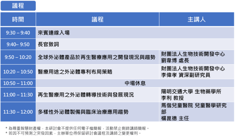 外泌體應用與發展研討會議程，上午9:30開始，12:00結束